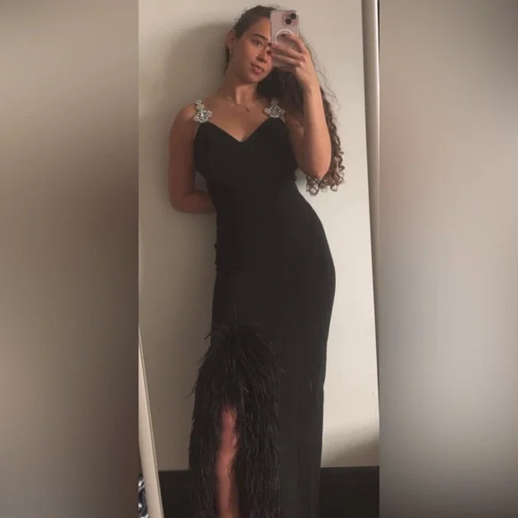 Vintage 90s Lillie Rubin Black Crystal Detailed Strap Feather Slit Evening Gown - Picture 1 of 17